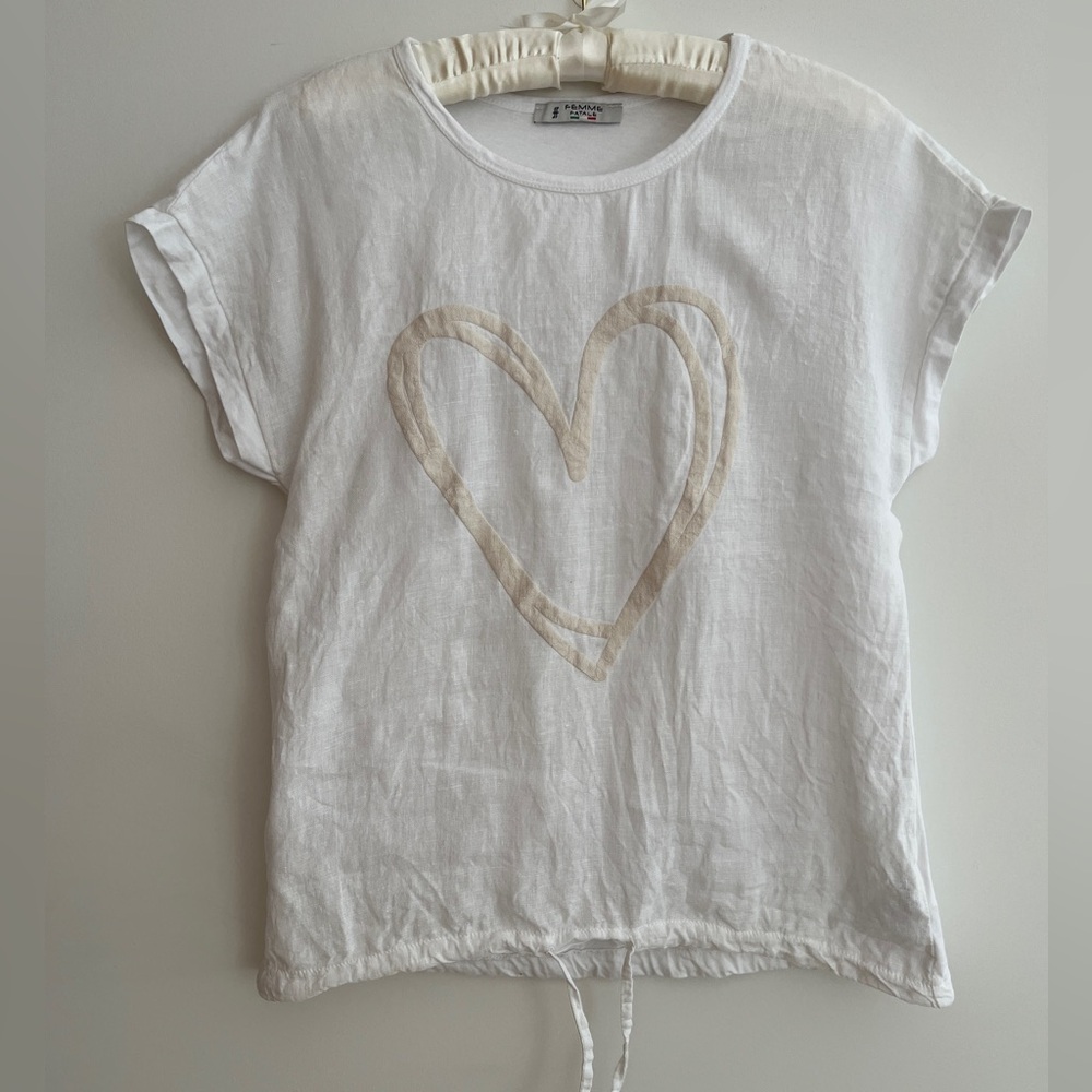 FEMME FATALE Linen Short Sleeve T-Shirt Drawstring Hem Heart Graphic Made Italy
